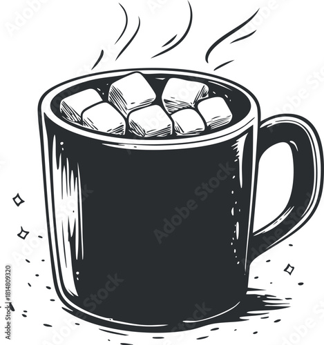 Stylized black and white vector illustration of a steaming mug filled with marshmallows, ideal for cozy beverage concepts.