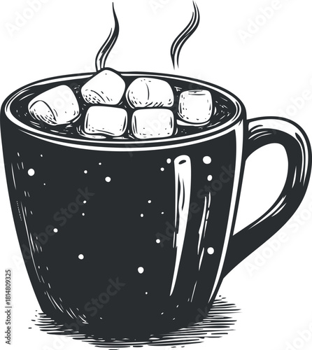 Hand-drawn black and white vector illustration of a steaming mug of coffee or hot beverage with ice cubes.