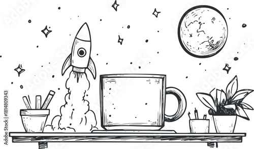 Black and white vector illustration of a workspace scene featuring a rocket, a coffee cup, a moon, and a plant for inspiration and creativity.