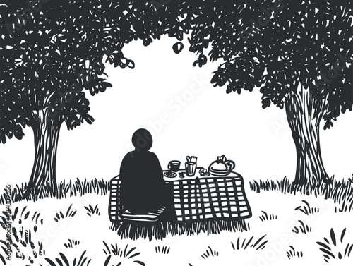 Minimalist black and white vector illustration of a serene picnic scene under trees with a person enjoying tea and snacks