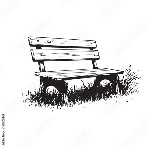 wooden park bench with grass and flowers silhouette