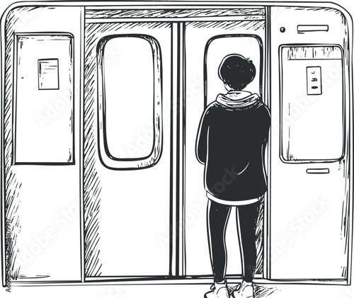 Line art vector illustration of a commuter waiting in front of subway doors, ideal for urban lifestyle themes