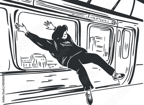 Dynamic vector illustration of a carefree person enjoying the subway ride in a modern urban setting