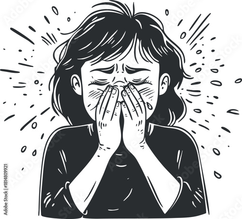 Expressive black and white vector illustration of a girl covering her face, conveying emotions of sadness and distress.