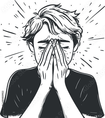 Emotional black and white vector illustration depicting a person overwhelmed with stress and anxiety, suitable for mental health themes