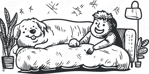 Playful cartoon-style illustration of a boy relaxing with a happy dog on a cozy couch, ideal for pet-themed designs.