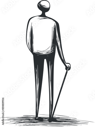 Minimalist black and white vector illustration of an elderly person standing with a walking stick, suitable for health and lifestyle concepts.