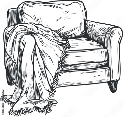 Hand-drawn vector illustration of a cozy armchair with a draped blanket, perfect for home decor and interior design projects