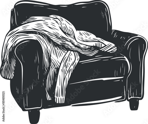Cozy vector illustration of an armchair with a blanket draped over it, perfect for home decor and interior design projects