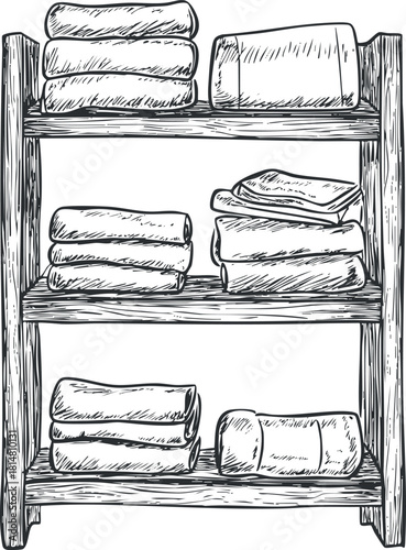 Hand-drawn vector illustration of a wooden shelf with neatly stacked towels, ideal for bathroom or home decor projects