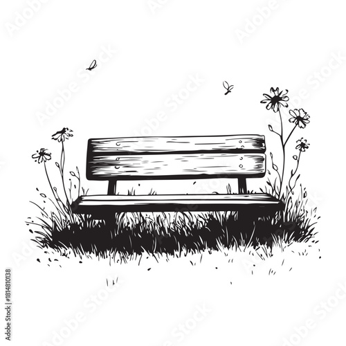 wooden park bench with grass and flowers silhouette