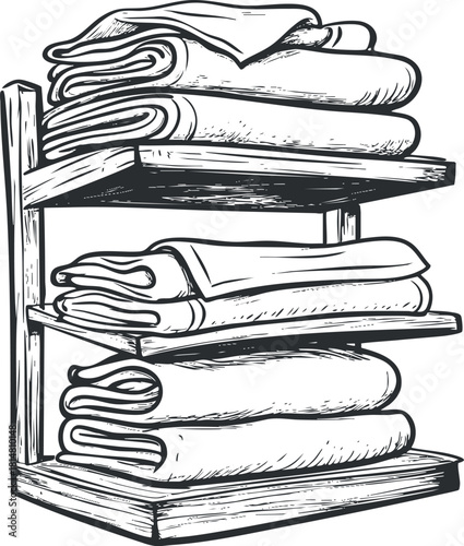 Hand-drawn vector illustration of a stacked towel shelf, ideal for home decor and interior design projects