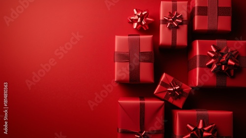 Beautifully Wrapped Red Gifts on a Vivid Red Background Creating a Festive At...