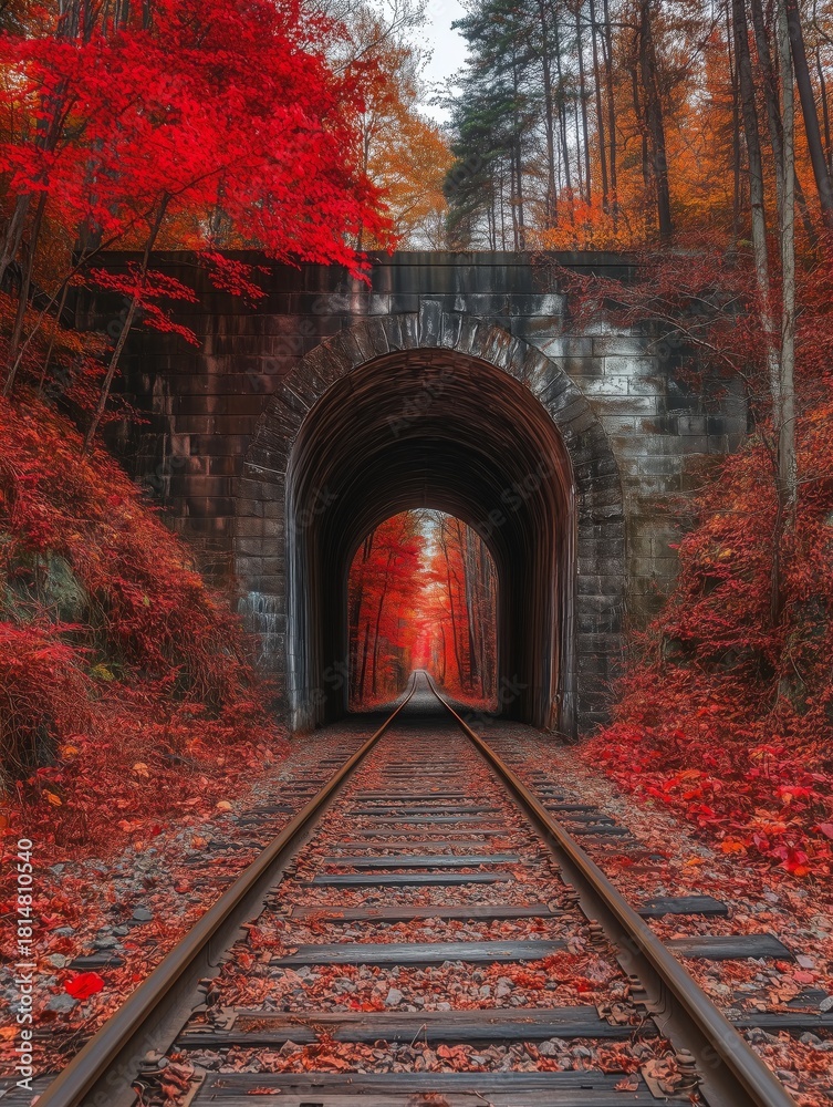 Fototapeta premium Red Leaves Frame a Serene Railway Tunnel Surrounded by Autumn Trees in a Peaceful Forest Setting