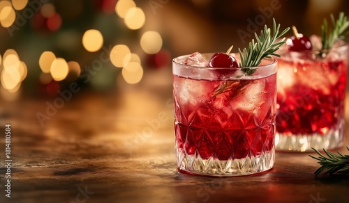 Festive Red Cocktail Served in Clear Glass With Ice and Garnish During a Holi...