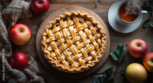 Freshly Baked Apple Pie With Red Apples and Leaves on a Wooden Table During A...