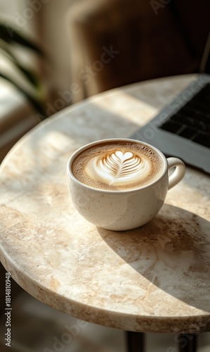 Warm Cup of Coffee With Latte Art Placed on Marble Table by the Window in Coz...