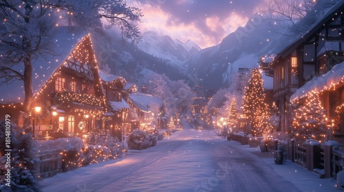 Winter Village Covered in Snow With Holiday Lights and Majestic Mountains in ...