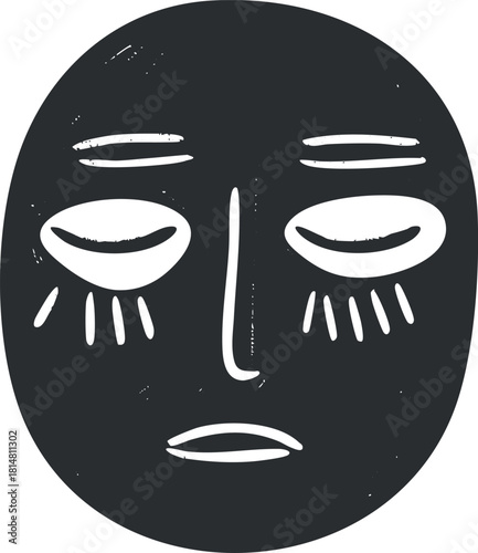 Abstract minimalist black and white vector illustration of a stylized human face featuring simple geometric shapes and expressions.