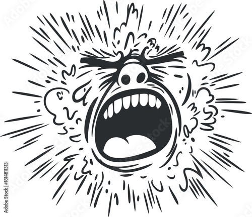 Bold line art illustration of an explosive screaming face, capturing intense emotion and energy for creative projects.