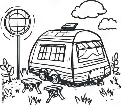 Hand-drawn line art illustration of a caravan with a globe and picnic tables in a natural setting