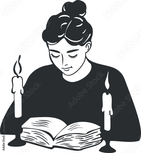 Stylized black and white vector illustration of a woman reading a book by candlelight, ideal for cozy home decor.