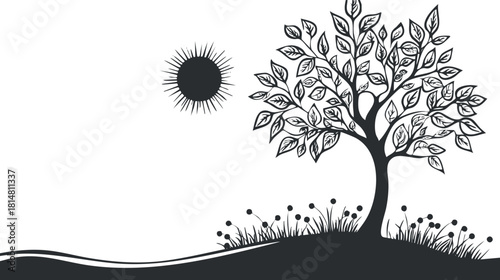 Minimalist black and white vector illustration of a tree with leaves and the sun, ideal for nature-themed designs
