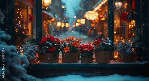 Winter Scene With Festive Decorations and Flowers in a Cozy Town Street Durin...