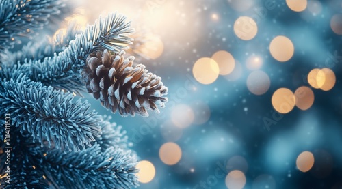 Winter Pine Tree Branch With Snow and Blurred Golden Lights During the Holida...
