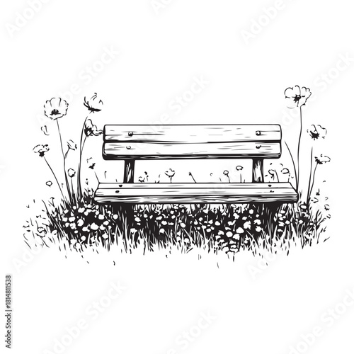 wooden park bench with grass and flowers silhouette