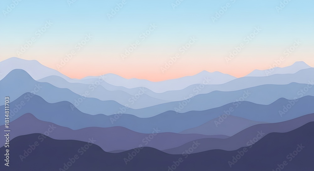 Obraz premium Minimal Mountain Layers “Stylized mountains made of soft layered silhouettes in different shades, calm sky gradient, simple landscape illustration, no sun, no text.”