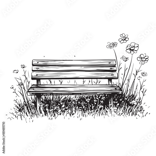wooden park bench with grass and flowers silhouette