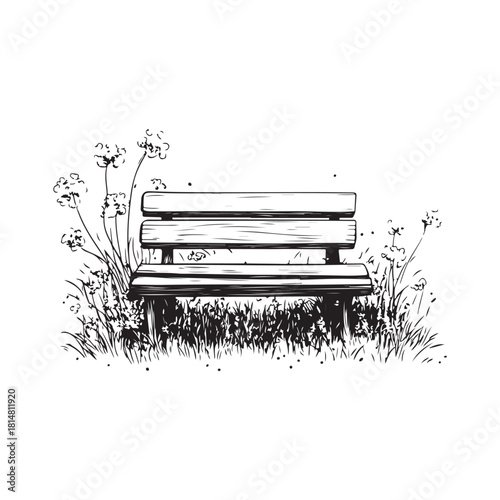 wooden park bench with grass and flowers silhouette