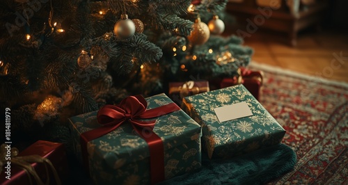 Christmas Presents Wrapped in Colorful Paper Under a Beautifully Decorated Tr...