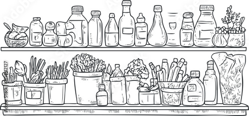 Detailed line art illustration of kitchen shelves filled with various bottles, jars, pots, and fresh ingredients for culinary and design use