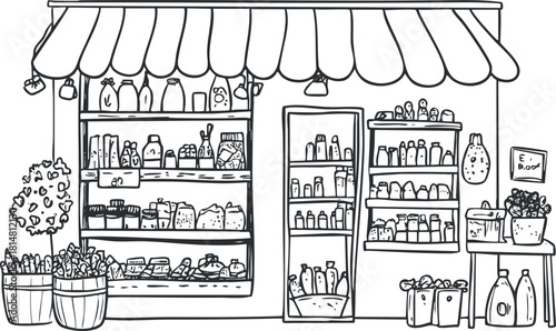 Hand-drawn outline illustration of a grocery store exterior with shelves of products and fresh produce display