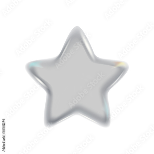 3d glass star icon with refraction and holographic effect isolated on white background. Render transparent glass star.