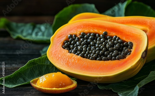 Fresh Papaya Cut Open Reveals Vibrant Orange Flesh and Black Seeds Surrounded...