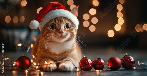 Cute Orange Kitten in Santa Hat With Christmas Decorations and Warm Bokeh Lights