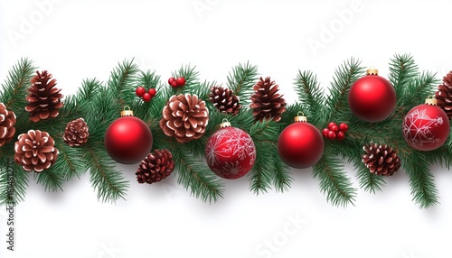 Decorative Christmas Garland With Red Ornaments and Pine Cones on White Backg...