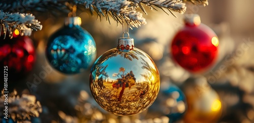 Colorful Christmas Ornaments Hang on a Snowy Tree Branch During a Bright Wint...