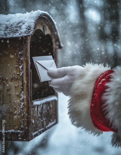 Santa Claus Delivering a Letter to a Decorated Mailbox in a Snowy Forest