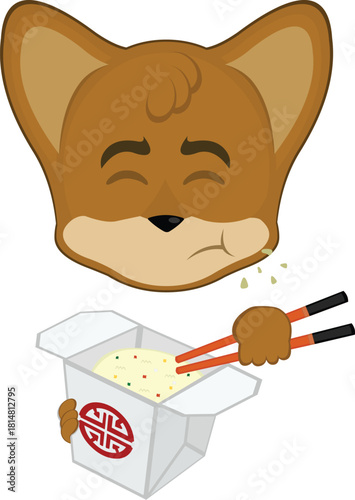 vector illustration emoticon character face fox animal, eating chinese food in a cardboard box of rice with chopsticks