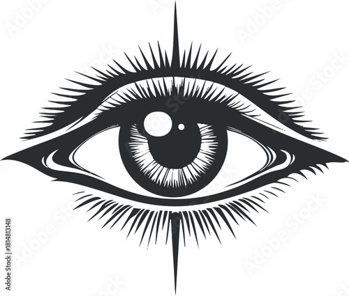 Stylized black and white vector illustration of an eye with intricate lines and geometric patterns, ideal for artistic and mystical themes
