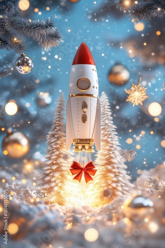 Rocket With Red Tip Launches From Snowy Forest During Festive Season