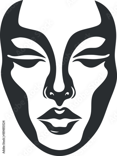 Stylized black and white vector illustration of an alien face, ideal for science fiction themes and modern design projects