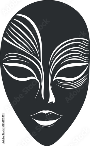 Abstract black and white vector illustration of a stylized alien face featuring intricate line designs for artistic and creative projects