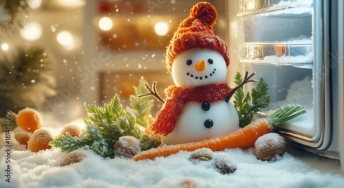 Creative Snowman Made of Snow Inside a Fridge With Vegetables for a Festive W...