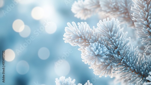 Frosted Pine Branches Shine in Winter Sunlight With Soft Bokeh Background