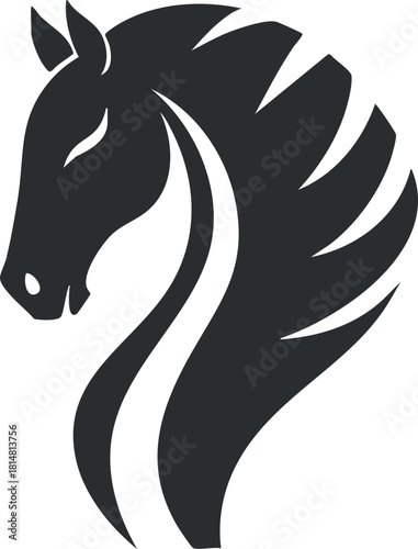 Stylized black silhouette vector illustration of a horse head with flowing mane, ideal for branding and design projects